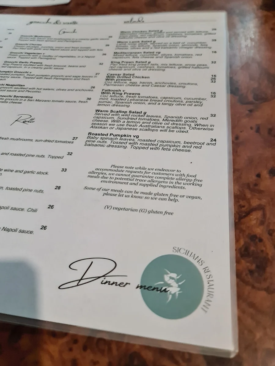 Menu, Sicilians Bar & Restaurant