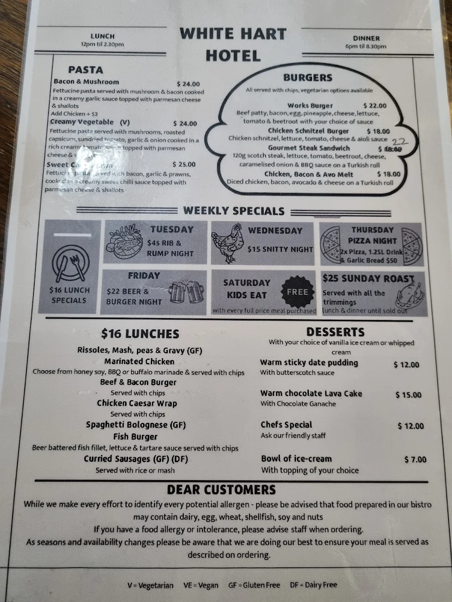 Menu, White Hart Hotel