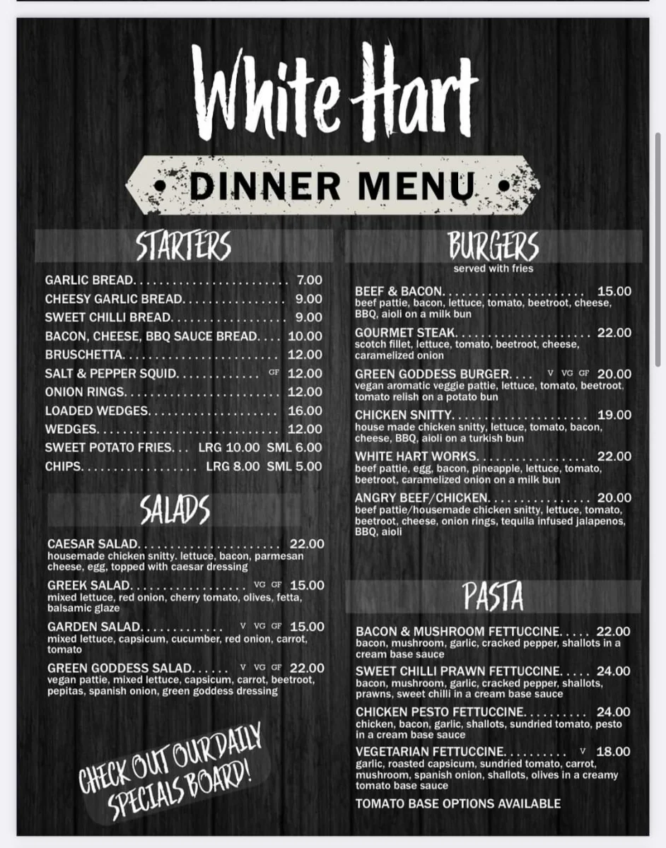 Menu, White Hart Hotel
