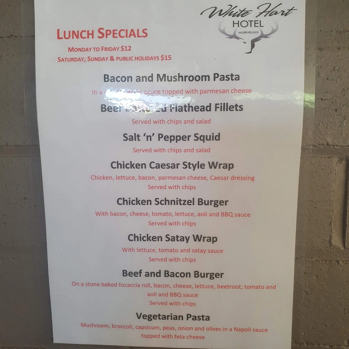 Menu, White Hart Hotel