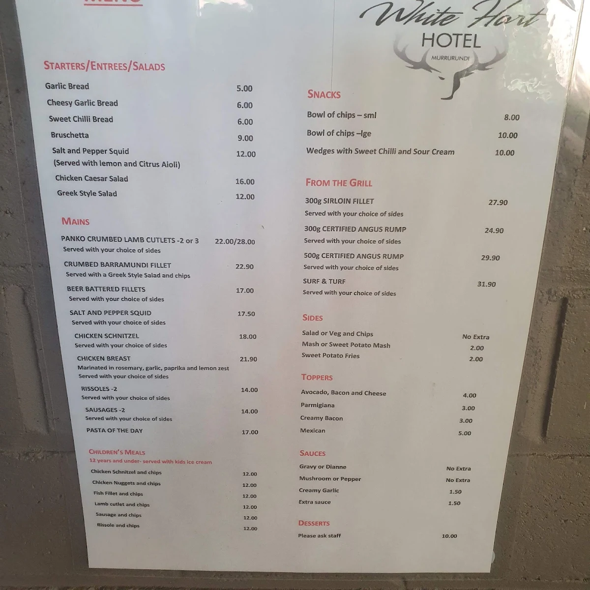Menu, White Hart Hotel
