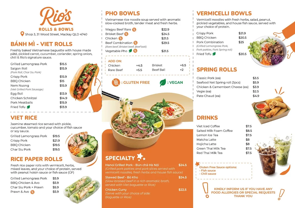 Menu, Rio's Rolls and Bowls