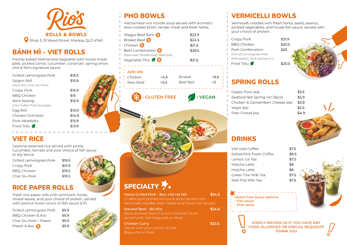 Menu, Rio's Rolls and Bowls