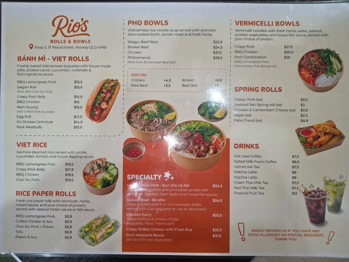 Menu, Rio's Rolls and Bowls