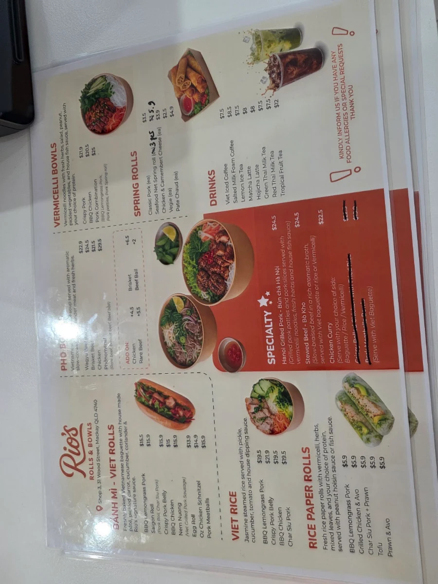 Menu, Rio's Rolls and Bowls