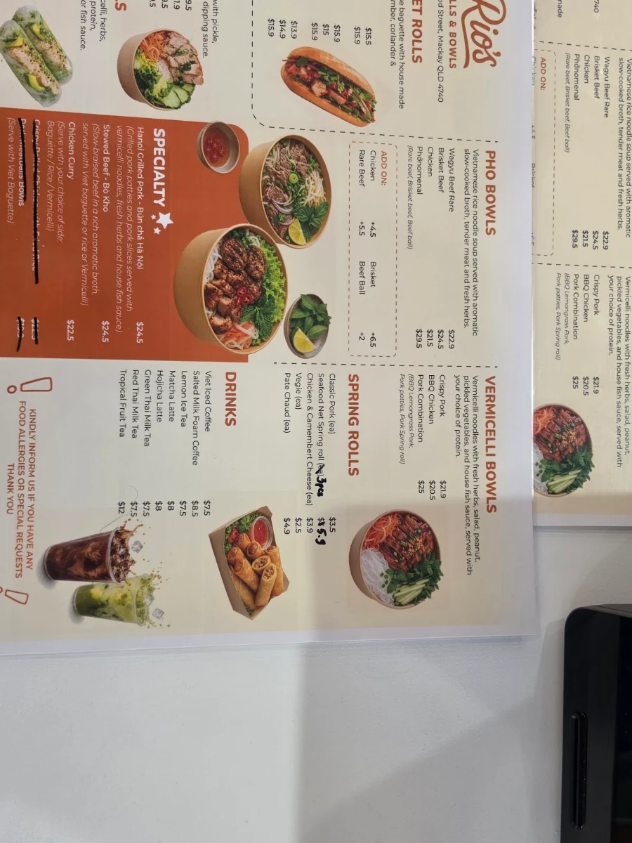 Menu, Rio's Rolls and Bowls