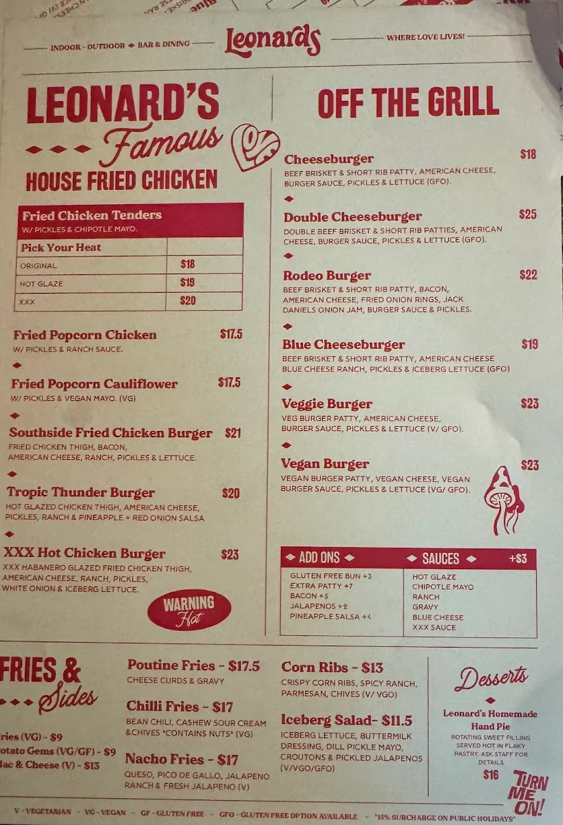 Menu, Leonards House of Love