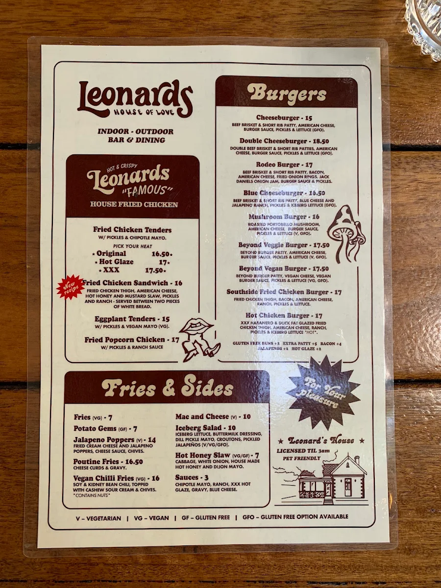 Menu, Leonards House of Love