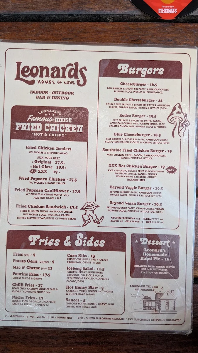 Menu, Leonards House of Love