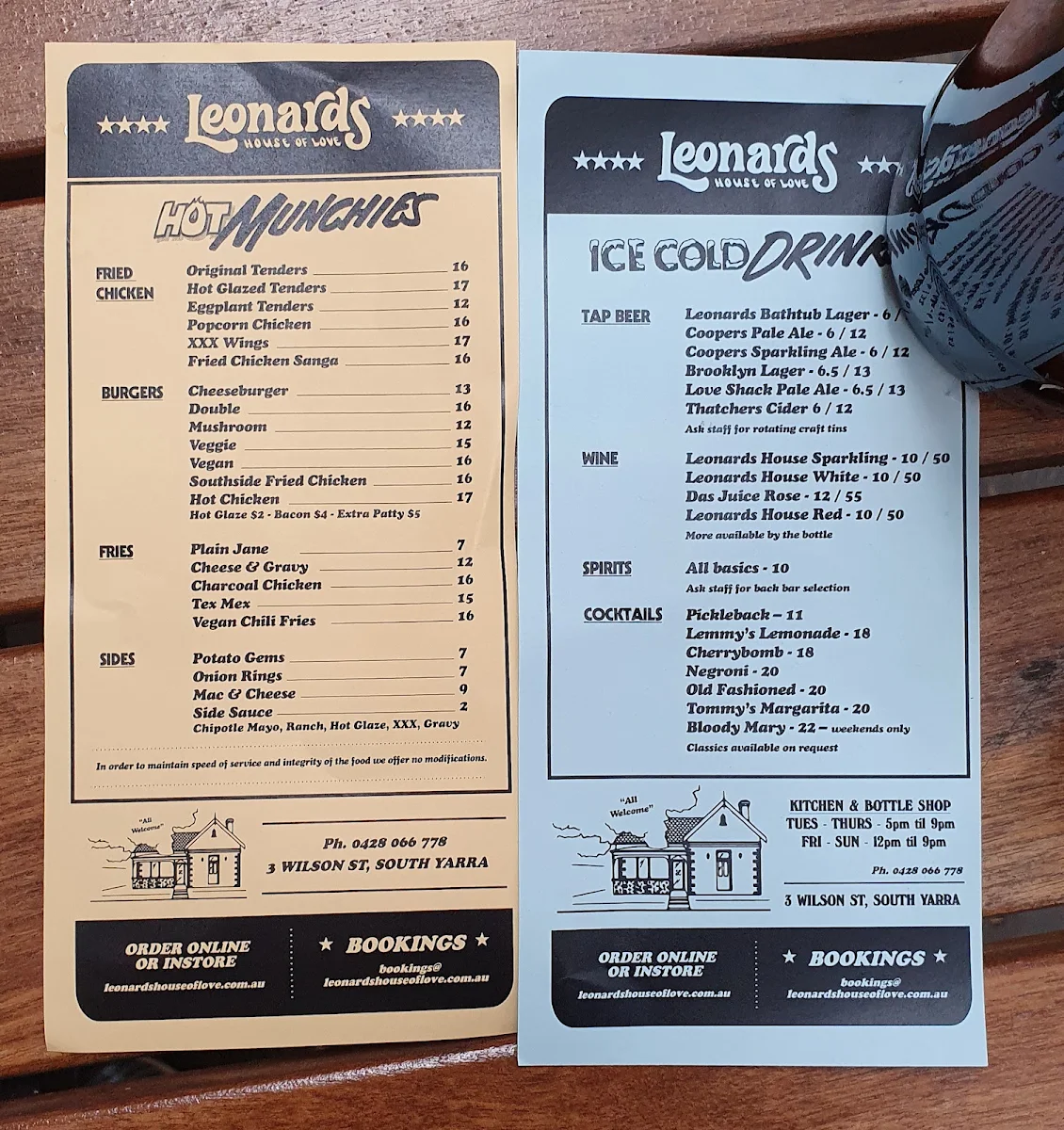 Menu, Leonards House of Love
