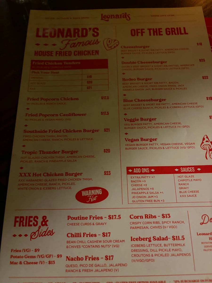 Menu, Leonards House of Love