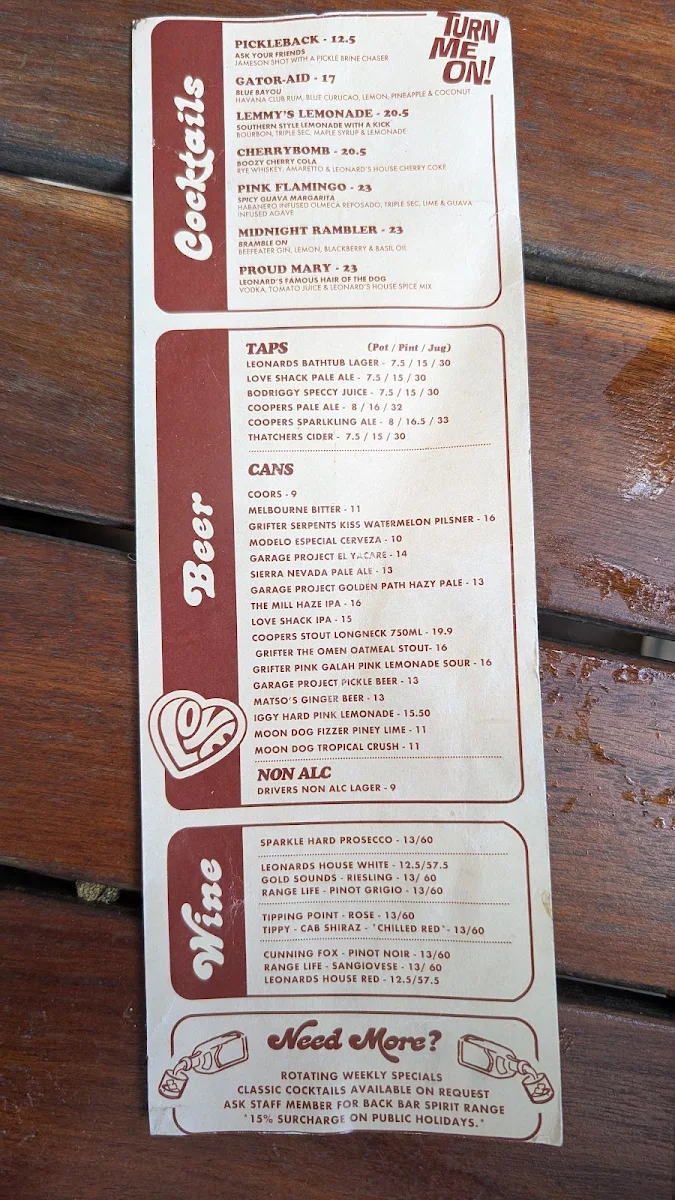 Menu, Leonards House of Love