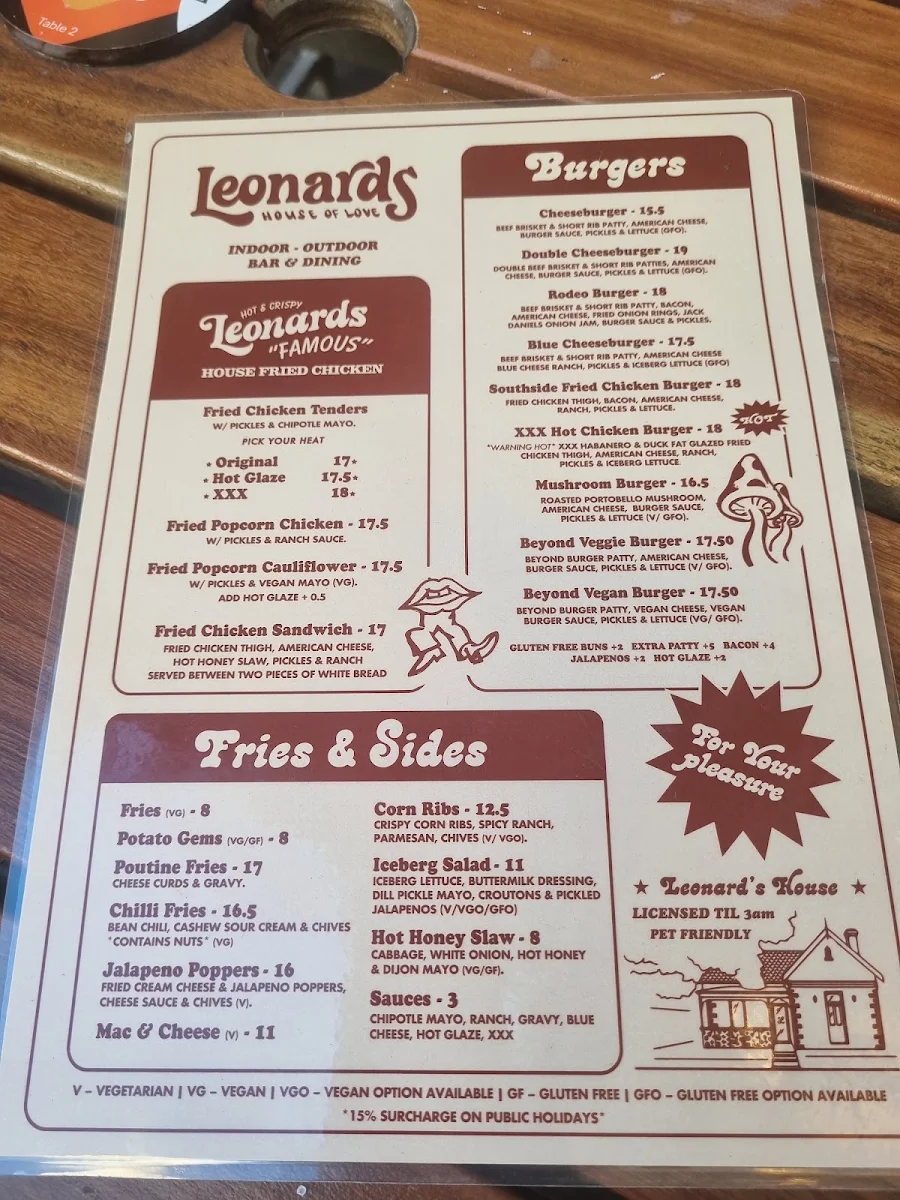 Menu, Leonards House of Love
