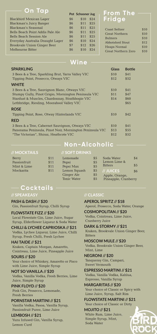 Menu, Bird Rock Jan Juc