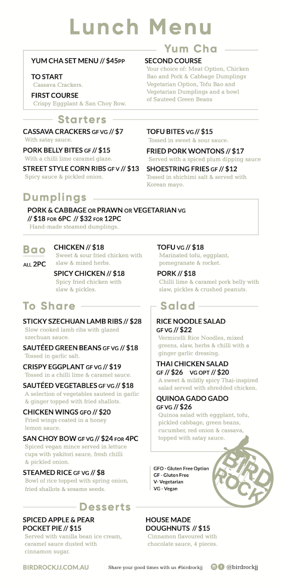 Menu, Bird Rock Jan Juc