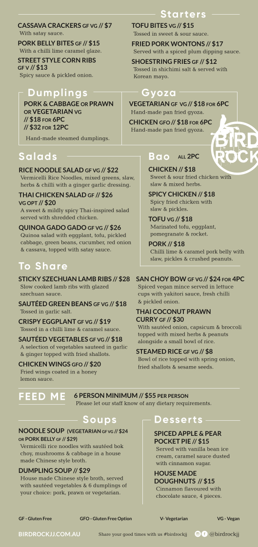 Menu, Bird Rock Jan Juc