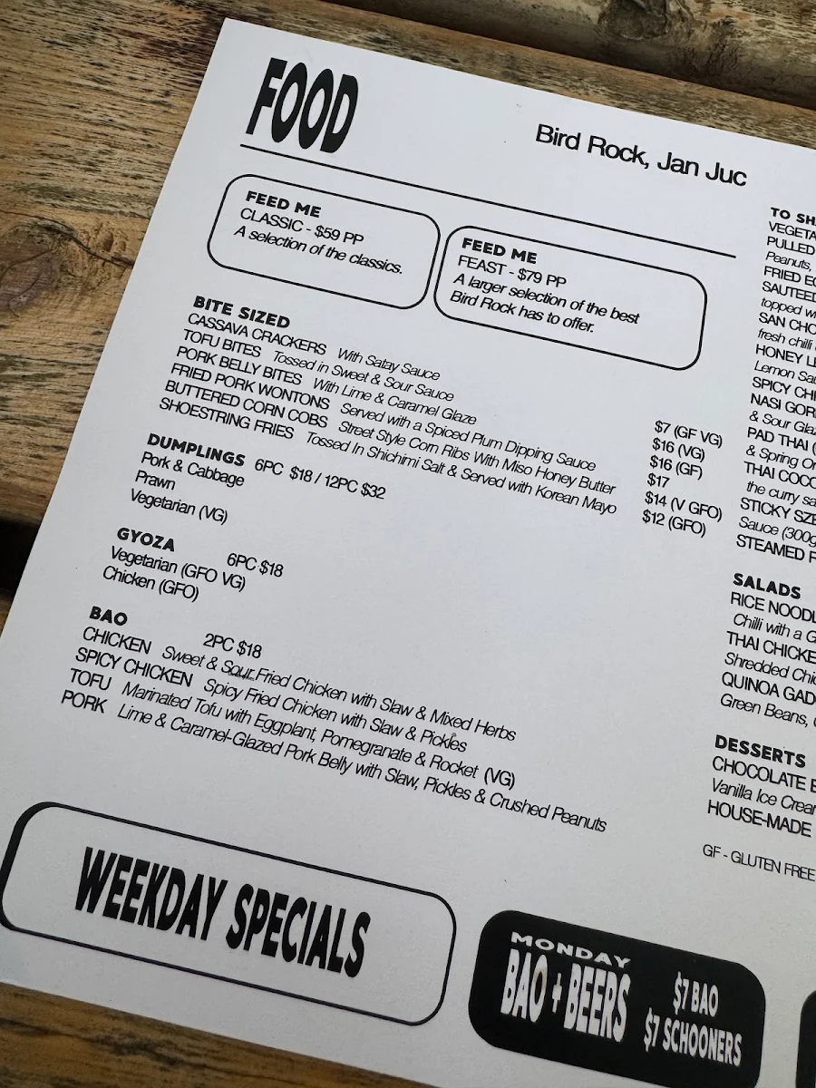 Menu, Bird Rock Jan Juc
