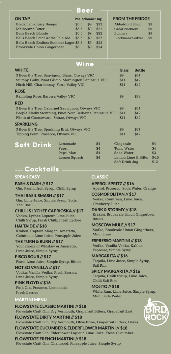 Menu, Bird Rock Jan Juc
