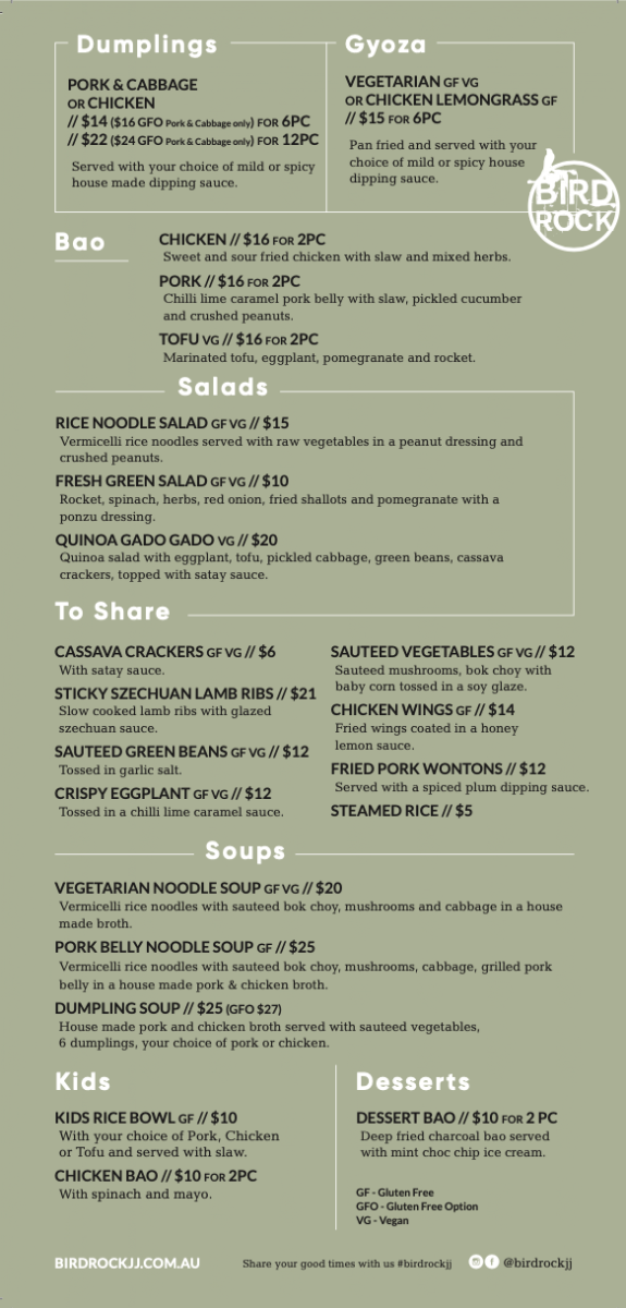 Menu, Bird Rock Jan Juc