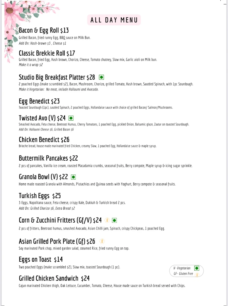 Menu, The Coffee Studio Rouse Hill