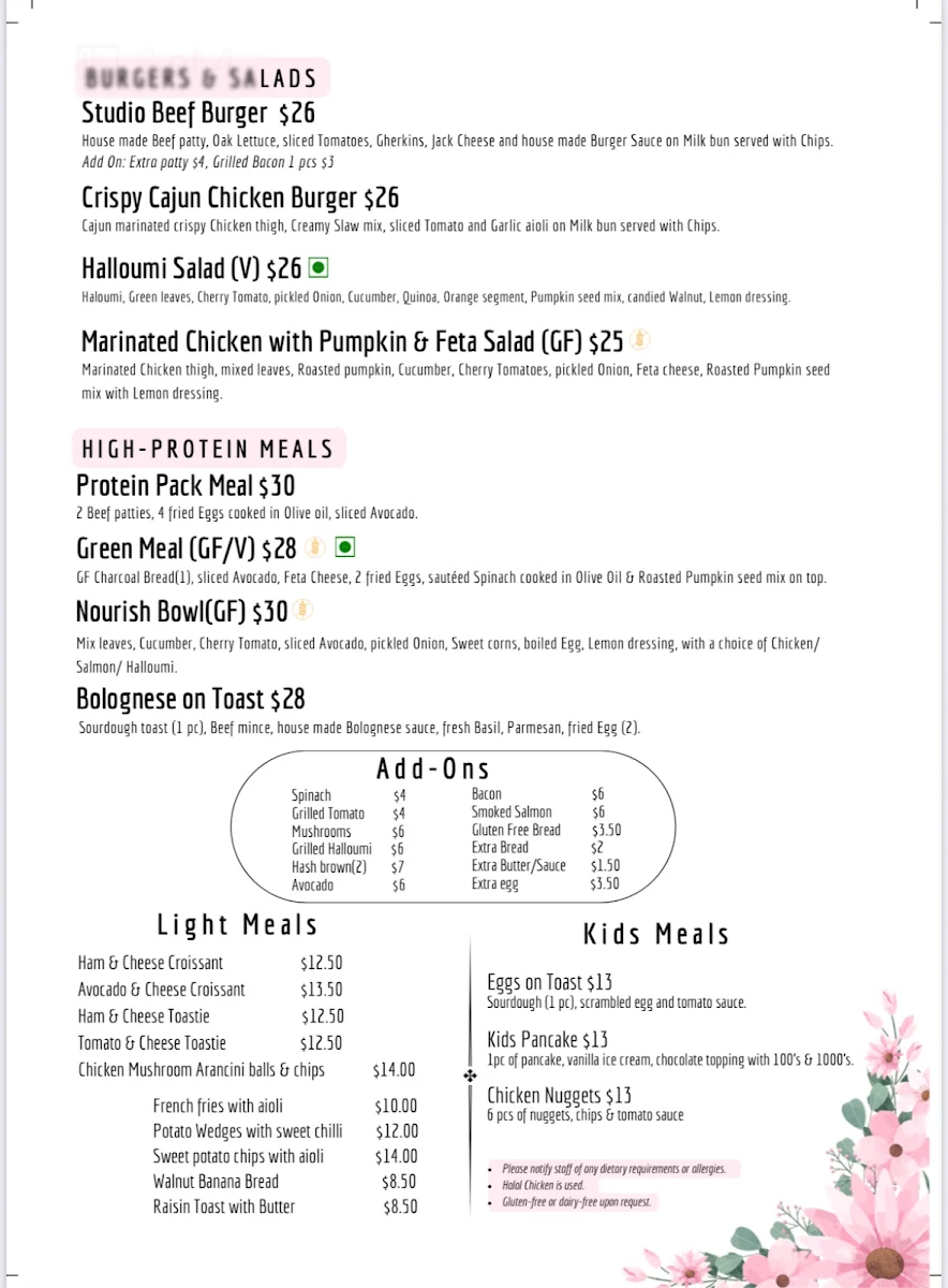 Menu, The Coffee Studio Rouse Hill