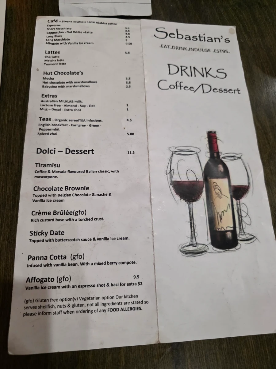 Menu, Sebastian's Italian Cafe