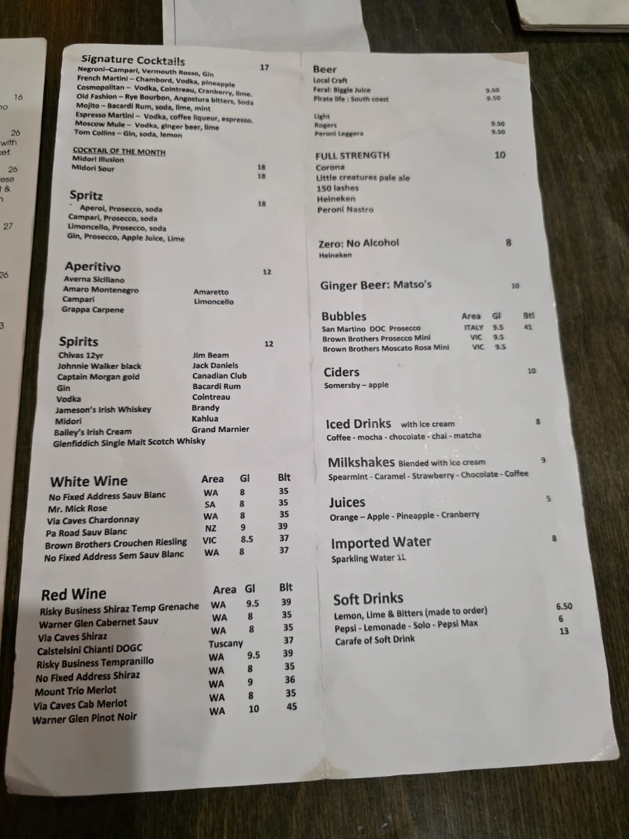 Menu, Sebastian's Italian Cafe