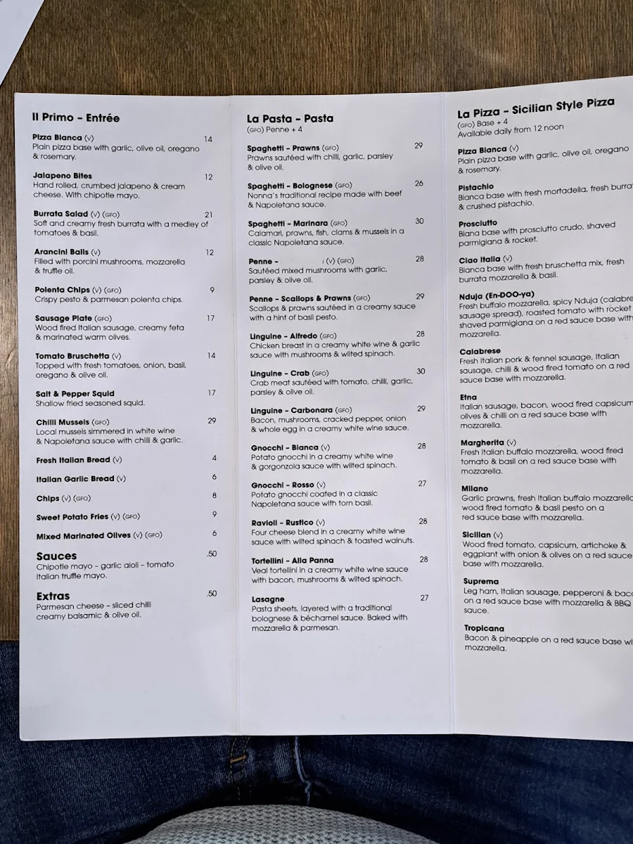 Menu, Sebastian's Italian Cafe
