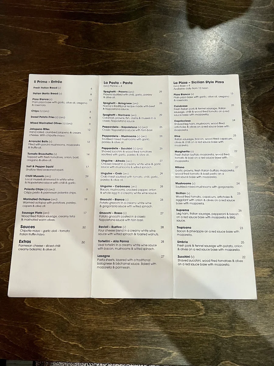 Menu, Sebastian's Italian Cafe