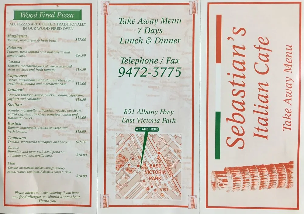 Menu, Sebastian's Italian Cafe
