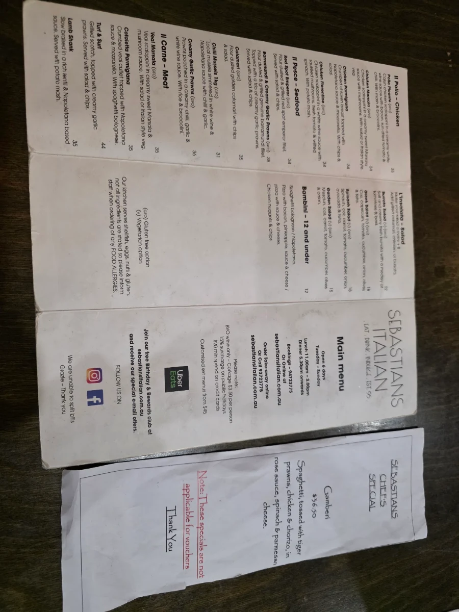 Menu, Sebastian's Italian Cafe