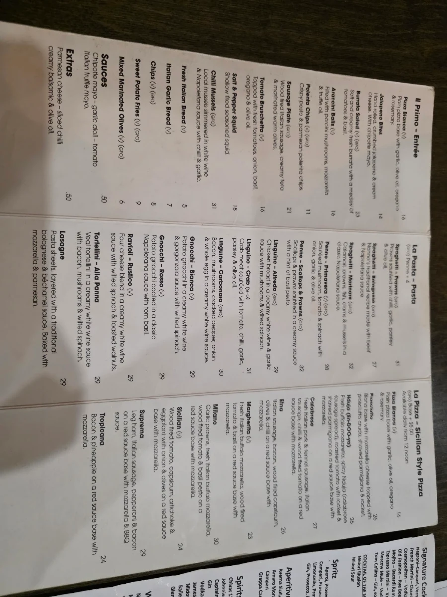 Menu, Sebastian's Italian Cafe