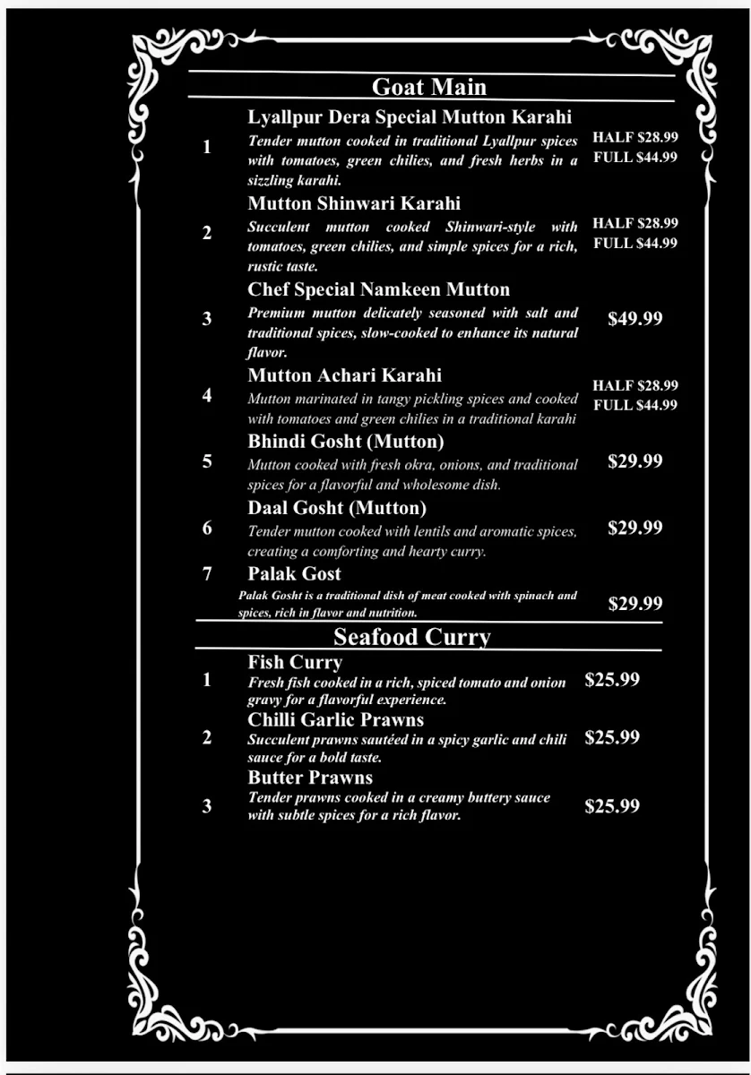 Menu, Lyallpur Dera Restaurant