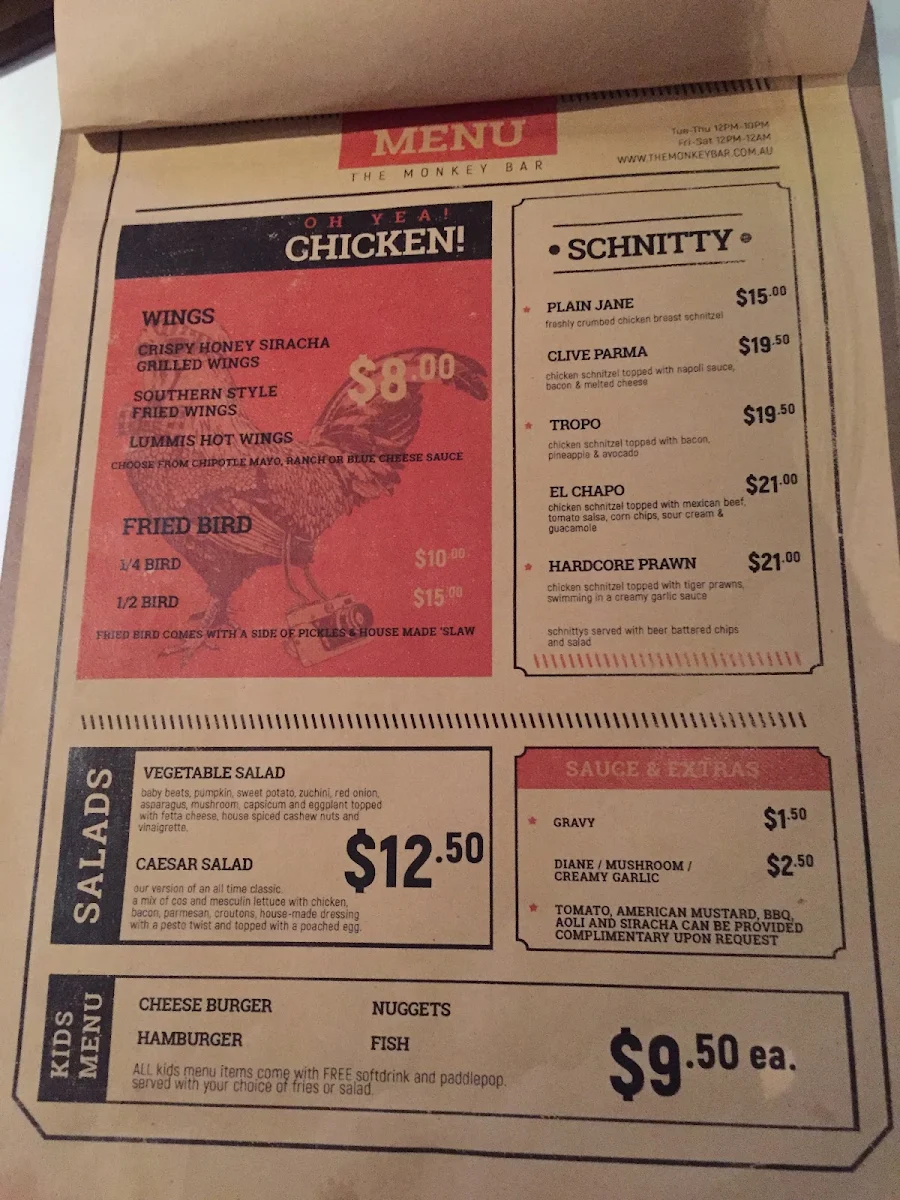 Menu, The Monkey Bar