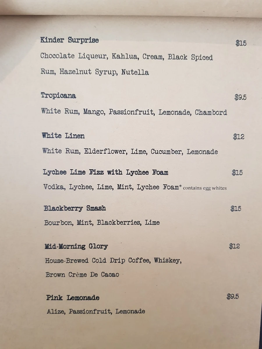 Menu, The Monkey Bar
