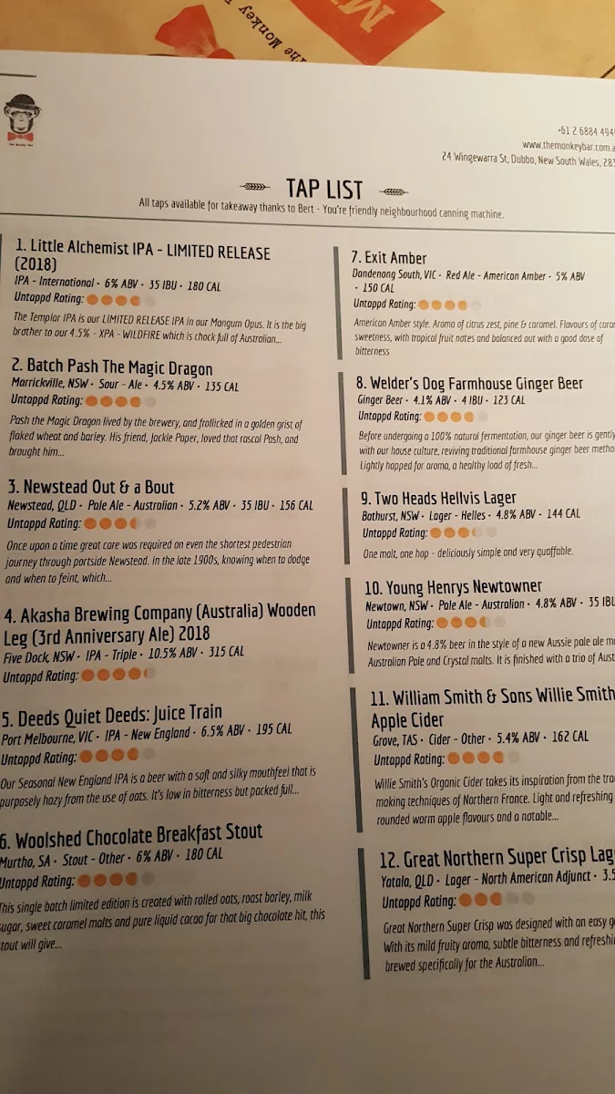 Menu, The Monkey Bar