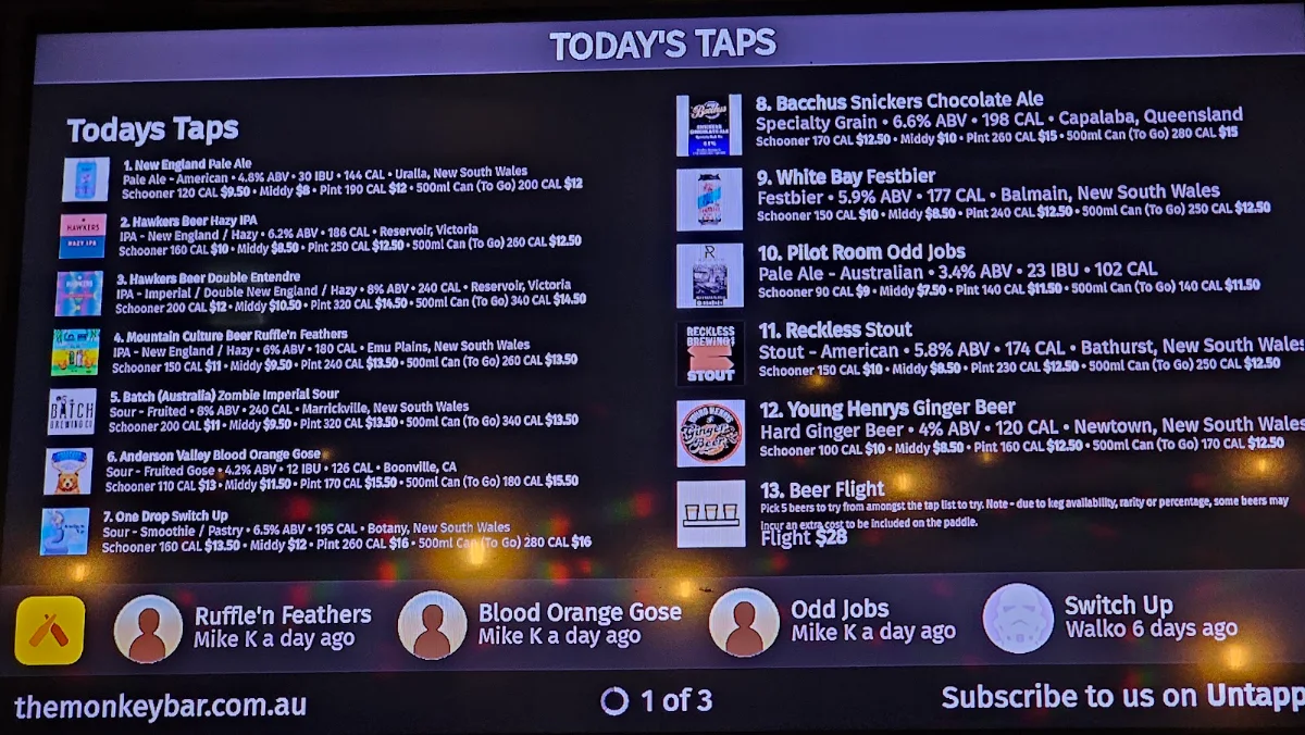 Menu, The Monkey Bar