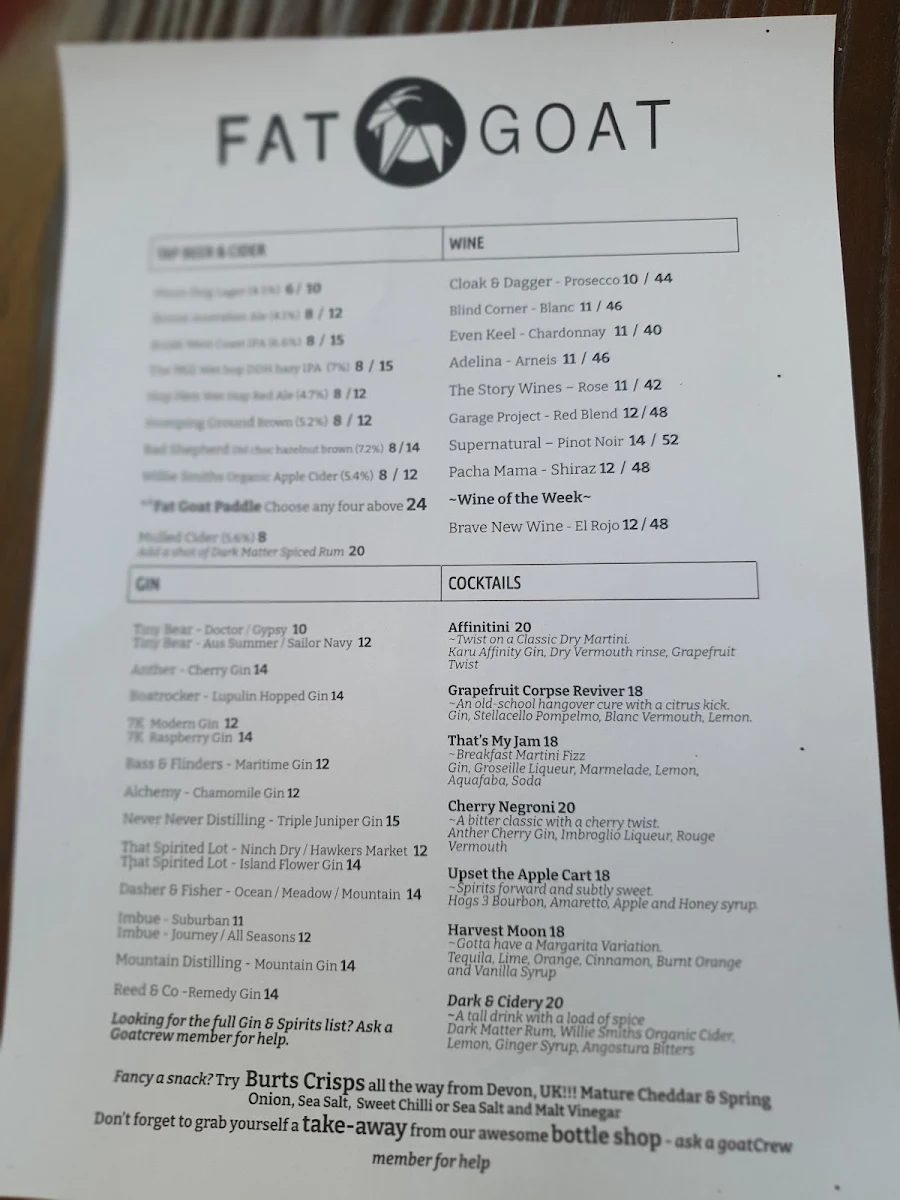 Menu, The Fat Goat