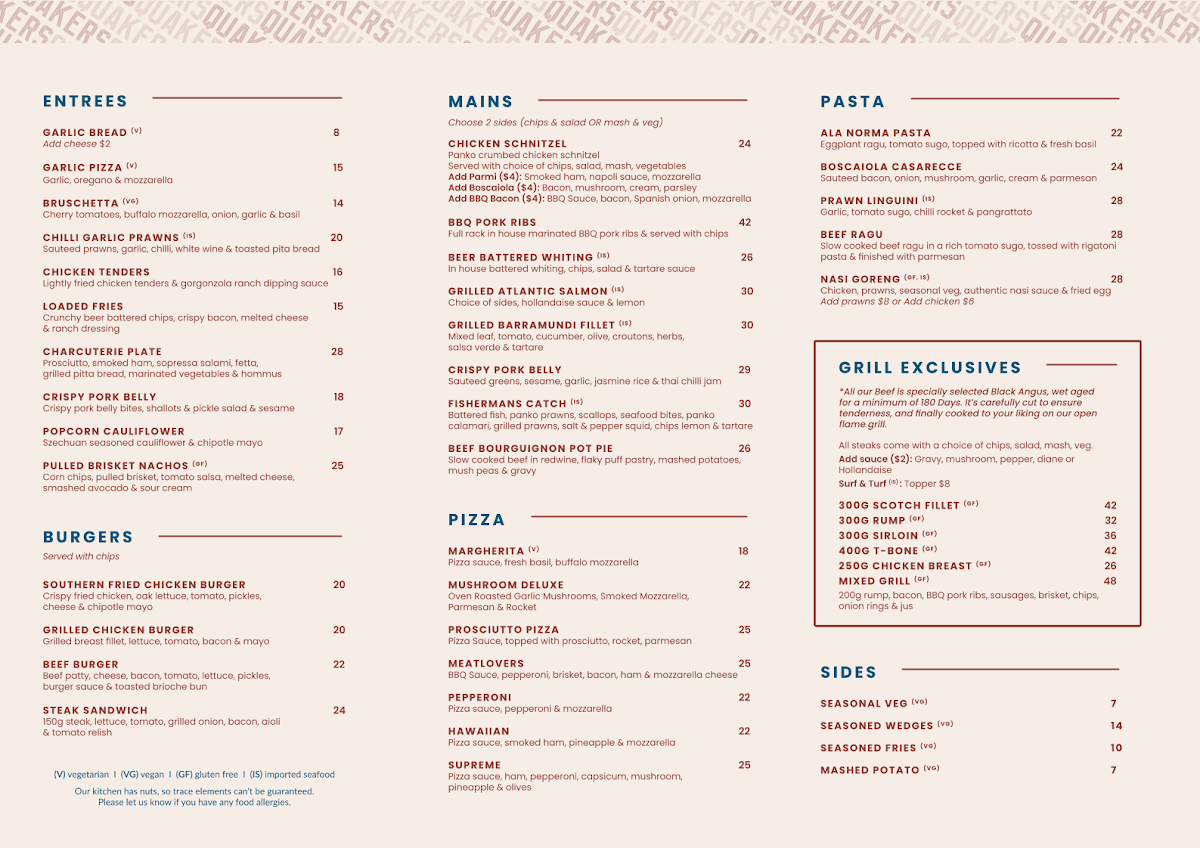Menu, Quakers Inn