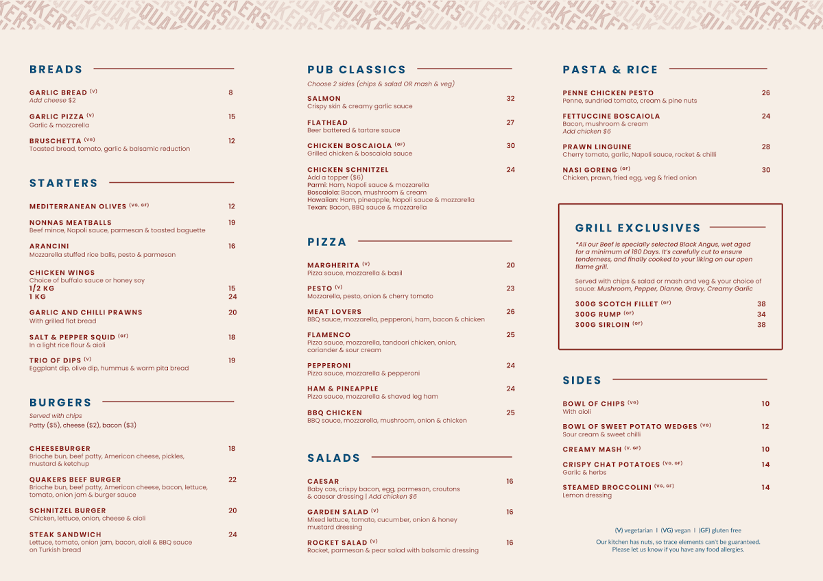 Menu, Quakers Inn