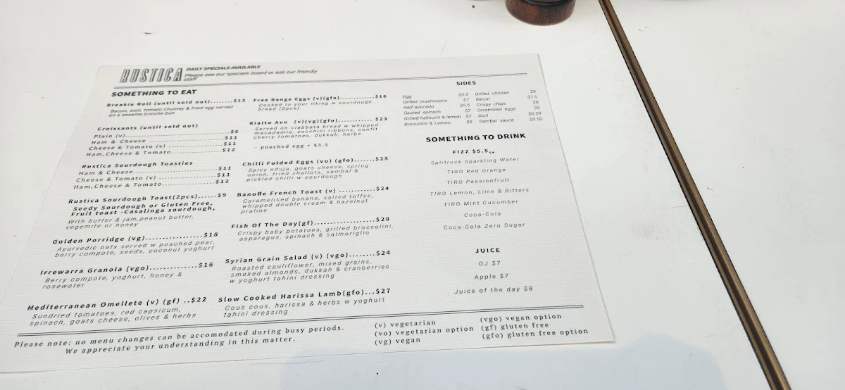 Menu, Rustica Rialto Towers