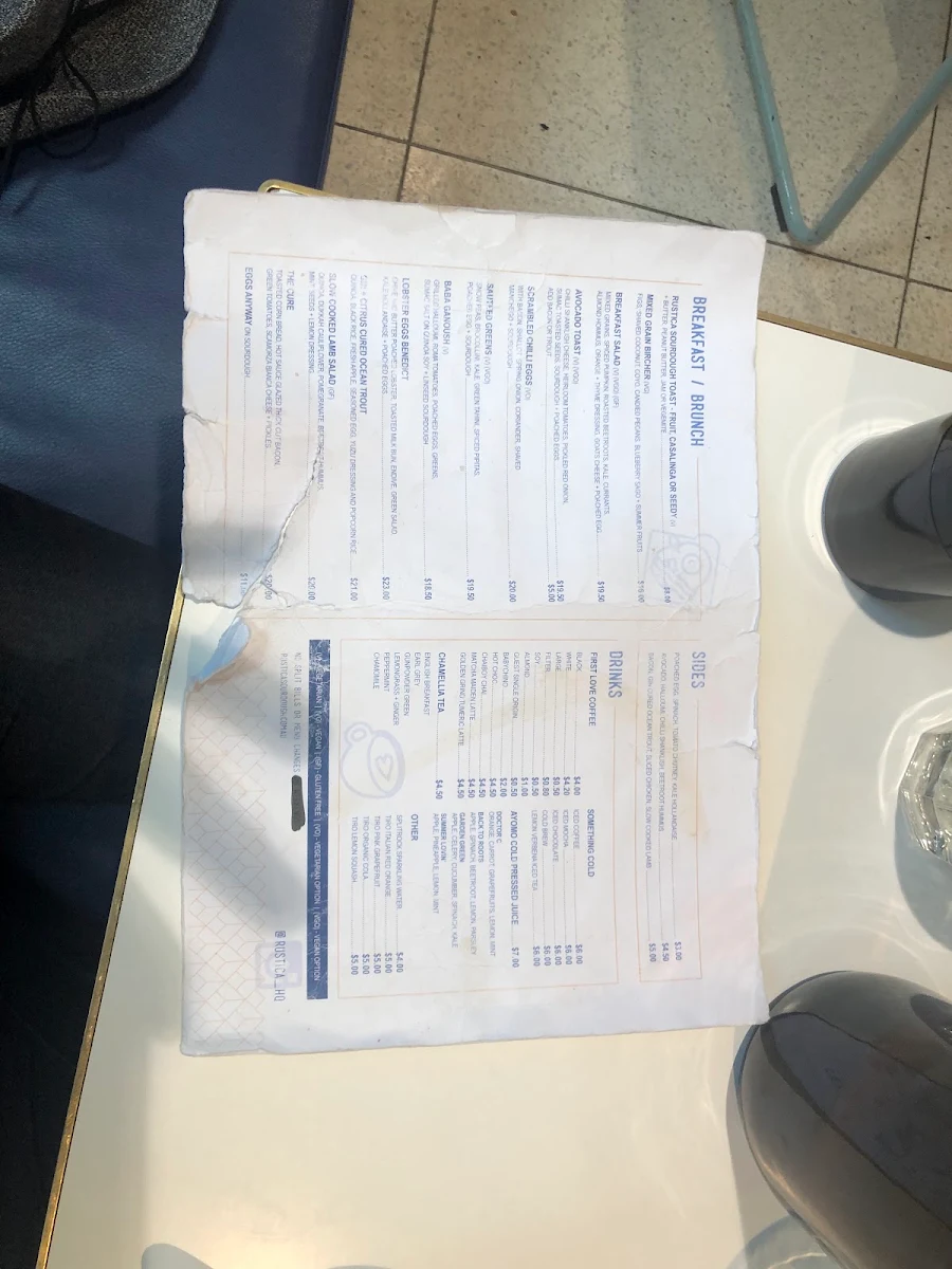 Menu, Rustica Rialto Towers