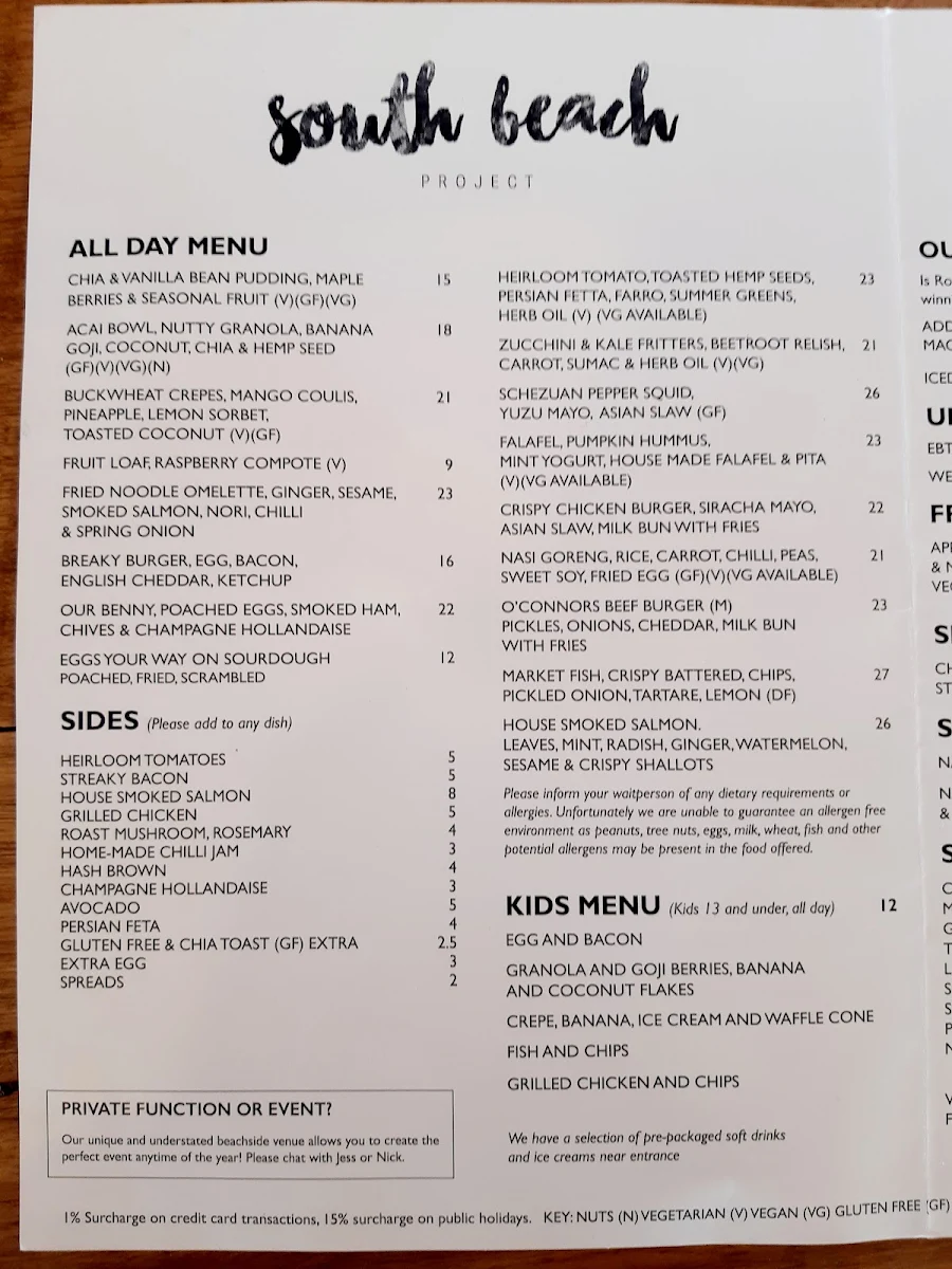 Menu, South Beach
