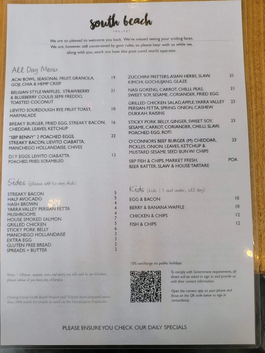 Menu, South Beach