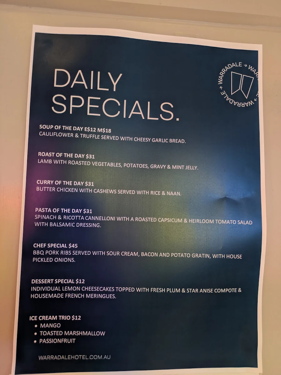Menu, Warradale Hotel