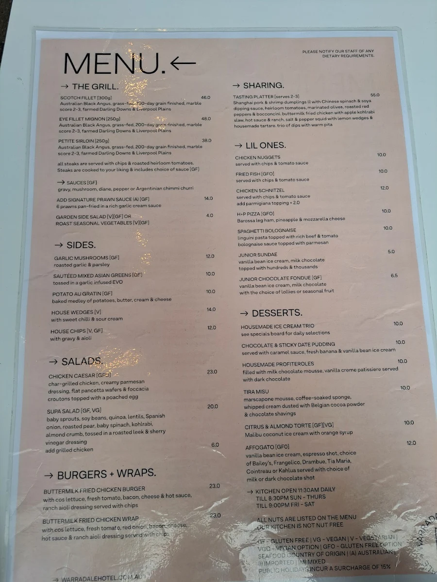 Menu, Warradale Hotel