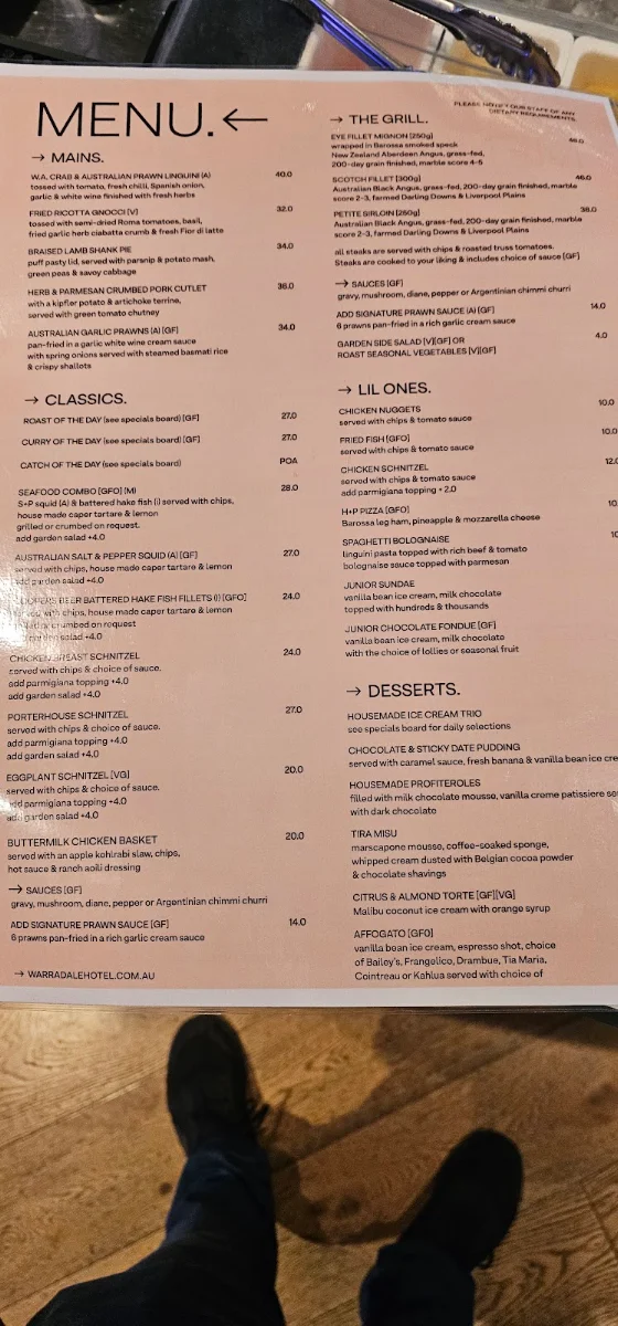 Menu, Warradale Hotel