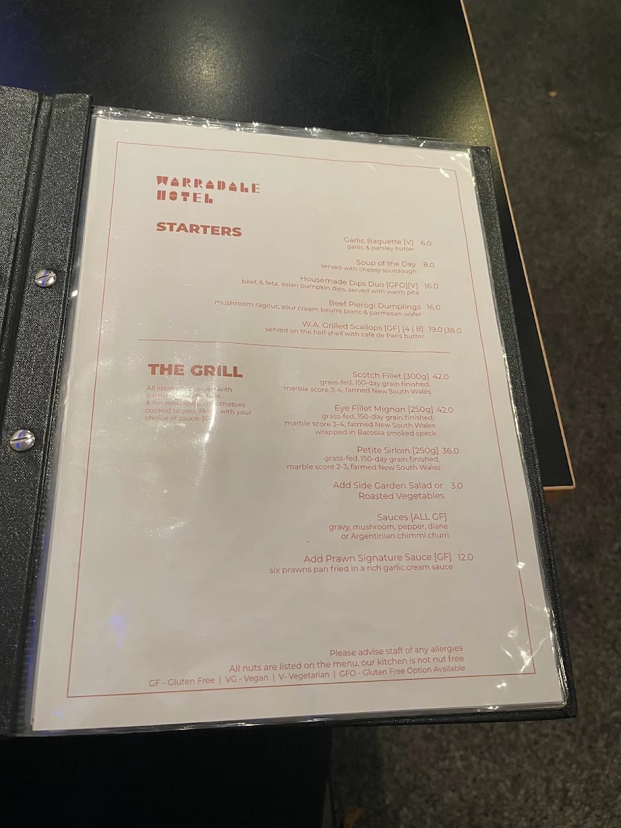Menu, Warradale Hotel