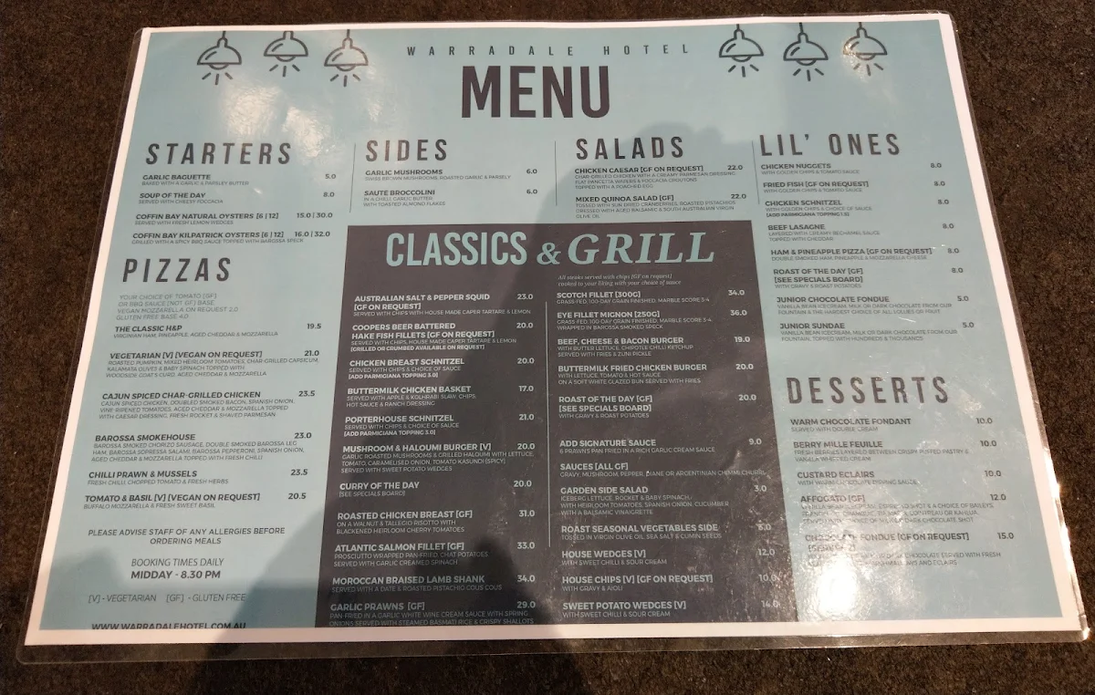 Menu, Warradale Hotel
