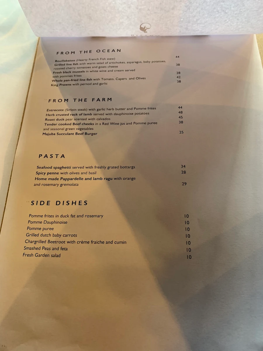 Menu, Majuba Bistro